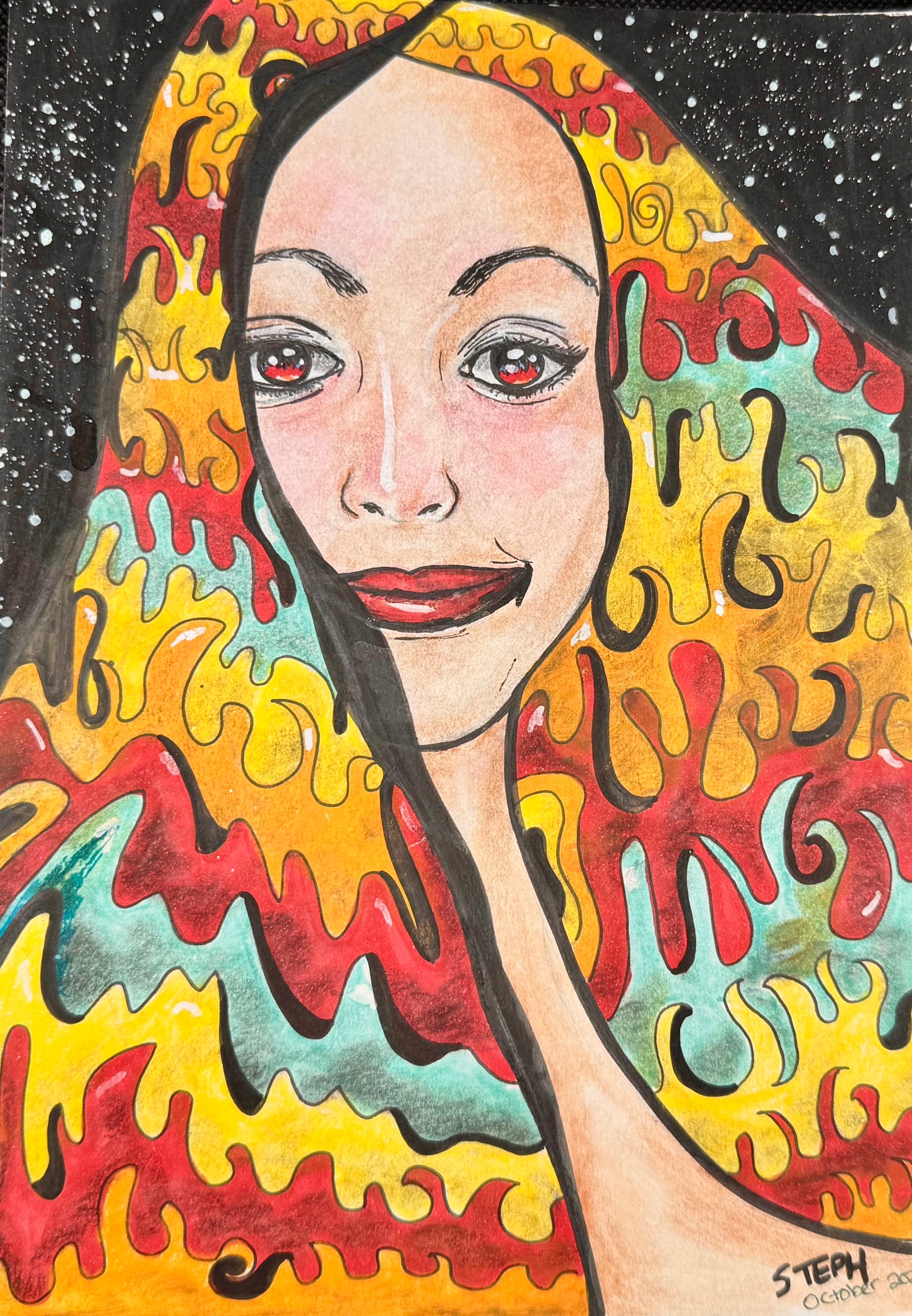 “Flamewalker” – 7x10 Colored Pencil & Ink on Paper (2020)