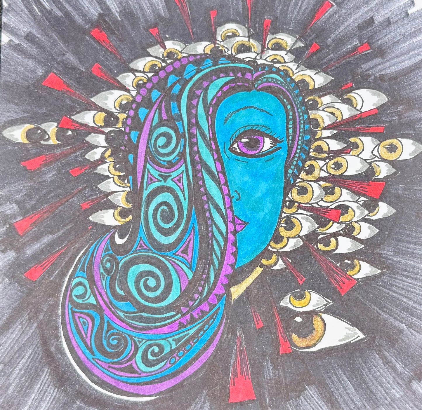 “Pierced by Eyes” 7x7 ink on paper (2014)